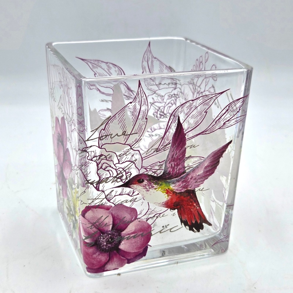 Teleflora Hummingbird and Flowers Heavy Glass Square Vase Planter/ Candle Holder
